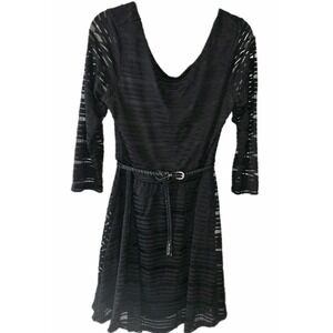Women's Lily Rose Black 3/4 Sleeve Scoop Neck Braided Belt Mini Dress Size Large